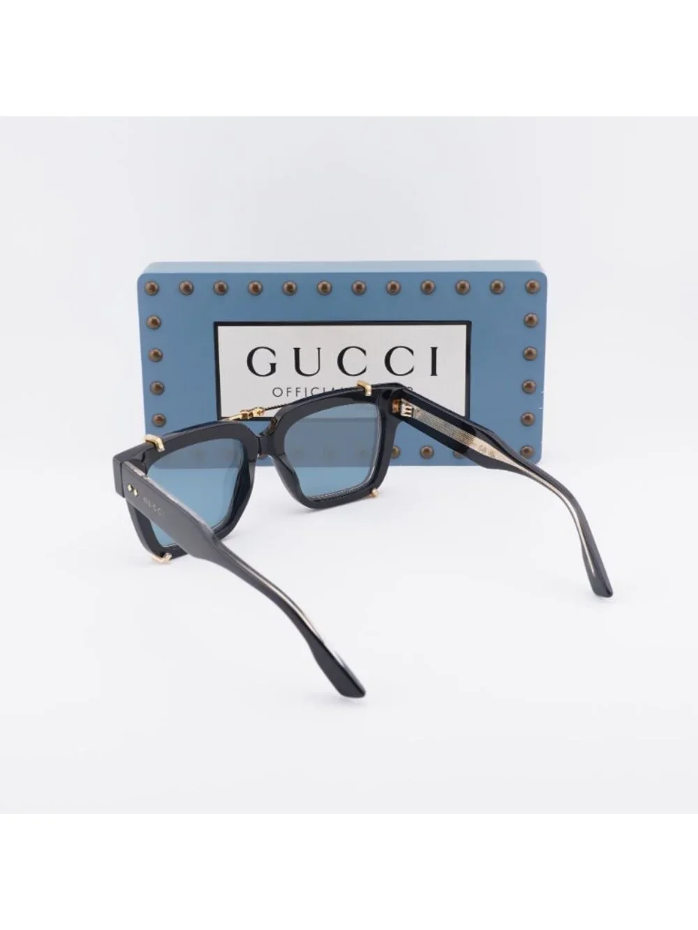 Gucci GG1084S 005 Square Sunglasses - Black / Gold / Light Blue Clip-On